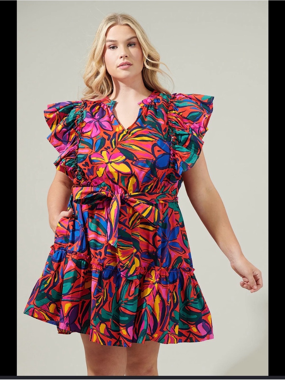 Sugarlips Multicolor Tropical Tie-Waist Ruffle Mini Dress